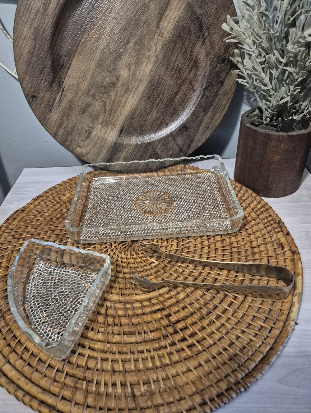 Vintage Anchor Hocking Clear Glass Hobnail Serving Tray Set with Tongs